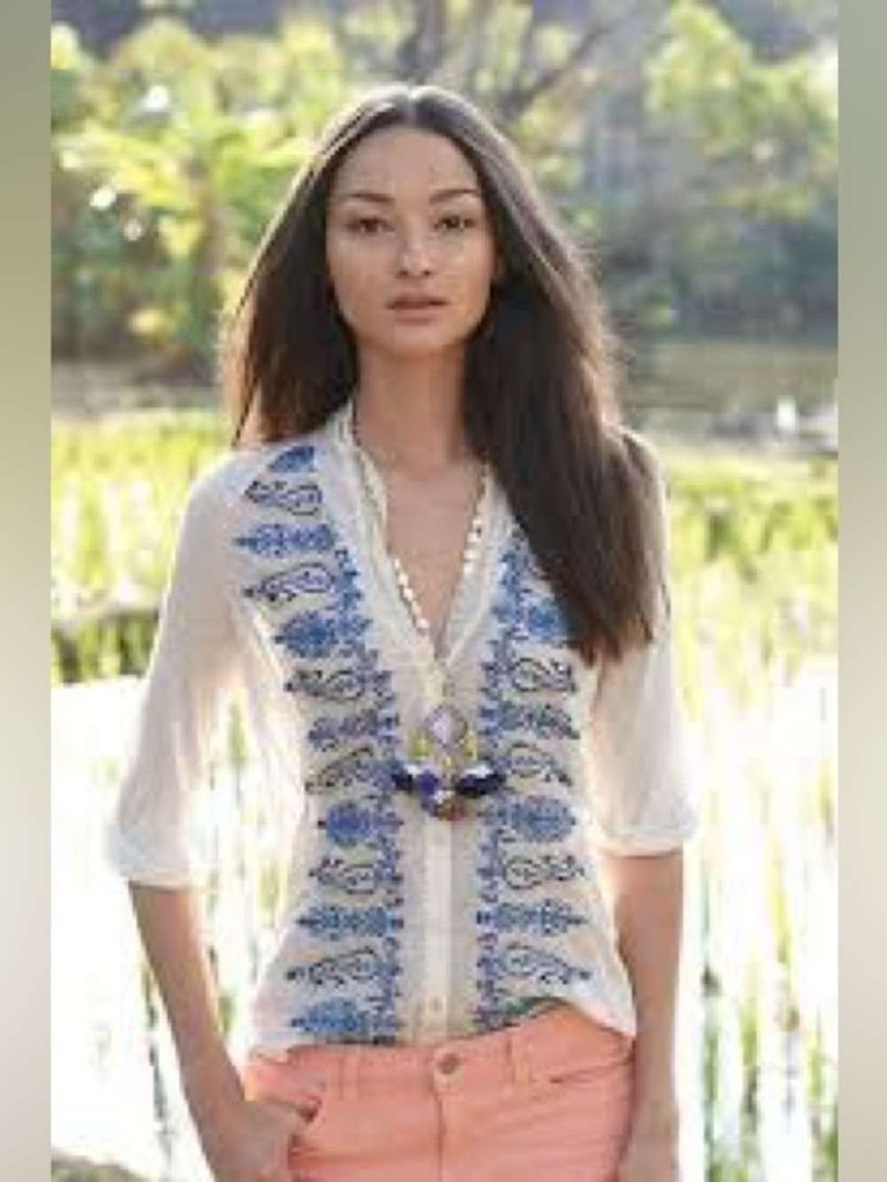 Anthropologie x Tiny Cream and Blue Paisley Print Blouse